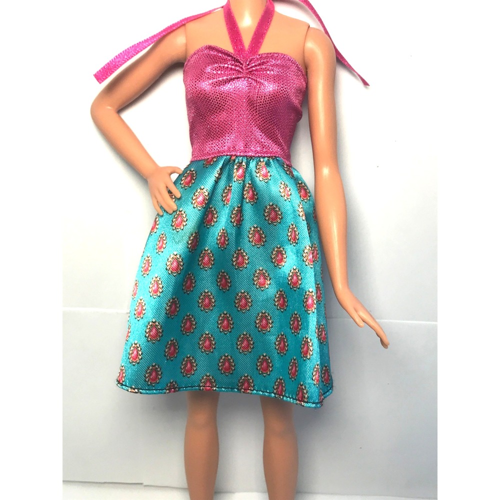 Barbie Doll Clothing Shiny Pink Halter Neck Turquoise Jewel Print Skirt Dress